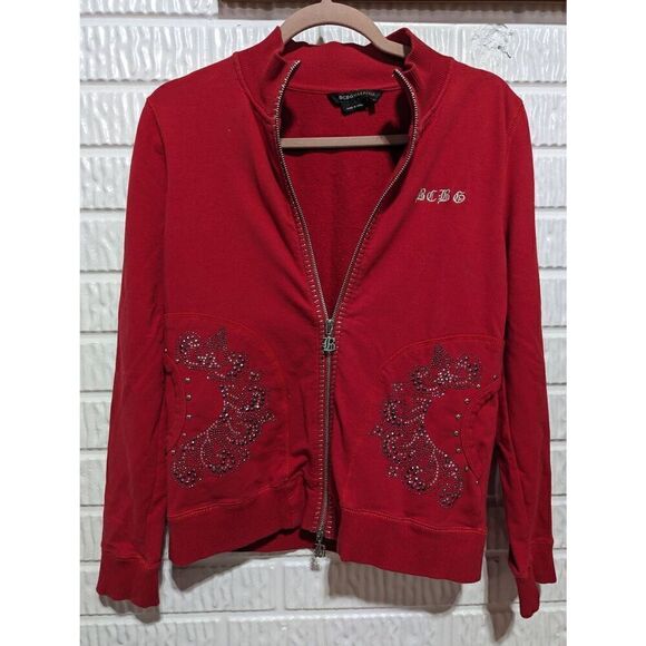 BCBGMaxazria Women's Red Cotton Zip Front Embellished Sweatshirt Jacket Large - Picture 1 of 8